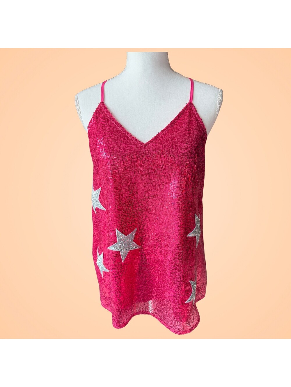 Grace + Emma Destined To Shine Pink Sequin Silver Star Racerback Tank Top S